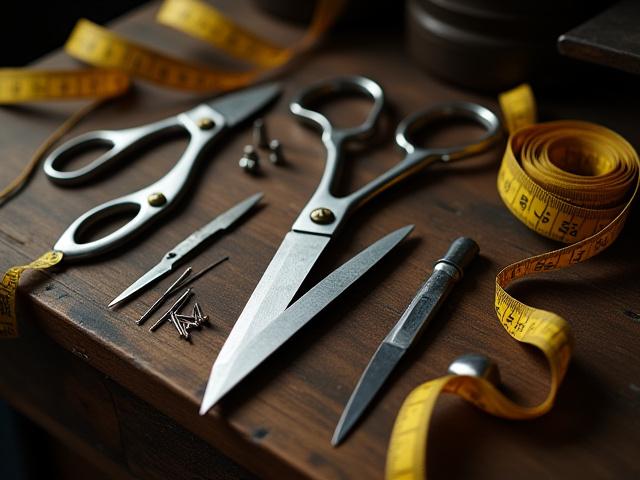 Outils de tailleur traditionnels : ciseaux, mètre ruban, craie, aiguilles