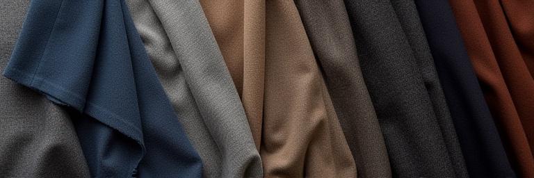 Échantillons de tissus de haute qualité, laines et soies, présentés avec élégance pour la confection de costumes.