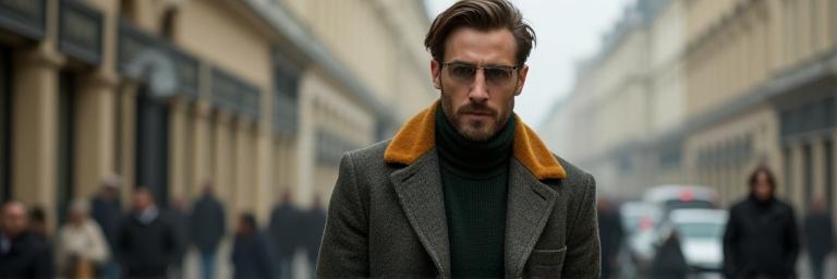 Homme élégant portant un costume d'hiver en tweed, avec des couleurs riches et des textures chaleureuses.