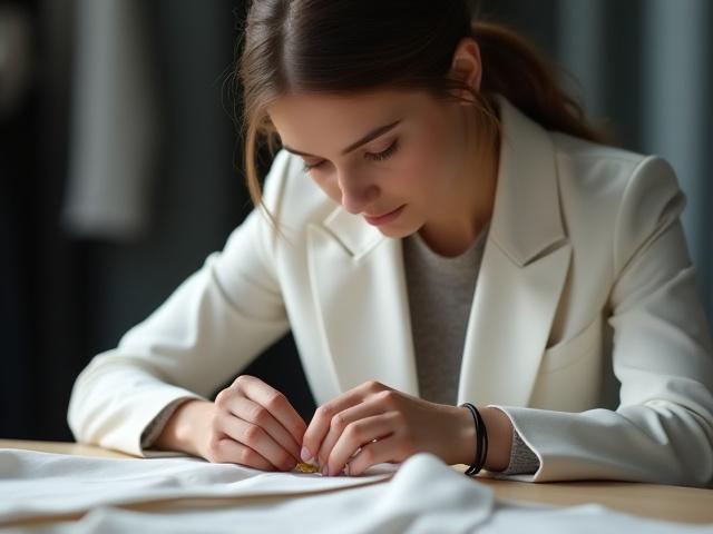 Jeune tailleur travaillant sur un costume à la main dans un atelier moderne