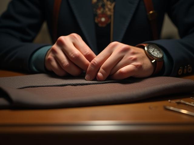 Mains d'un tailleur effectuant des retouches sur une veste, avec des aiguilles et du fil sur un établi.