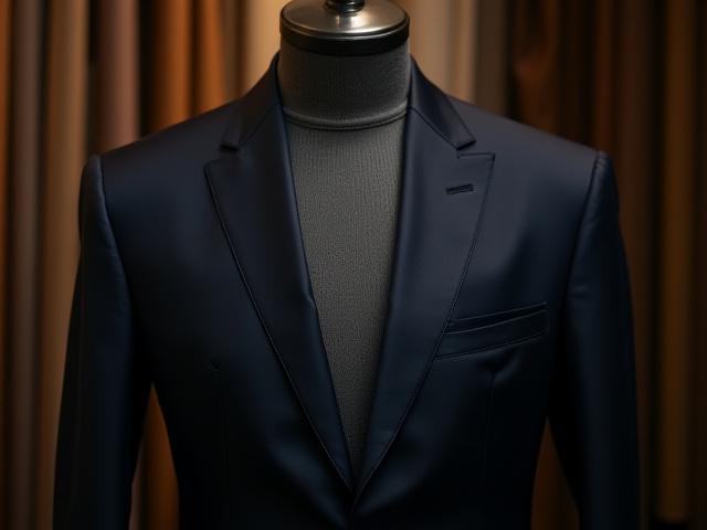 Costume sur mesure élégant et détaillé sur mannequin, avec tissus luxueux en arrière-plan.